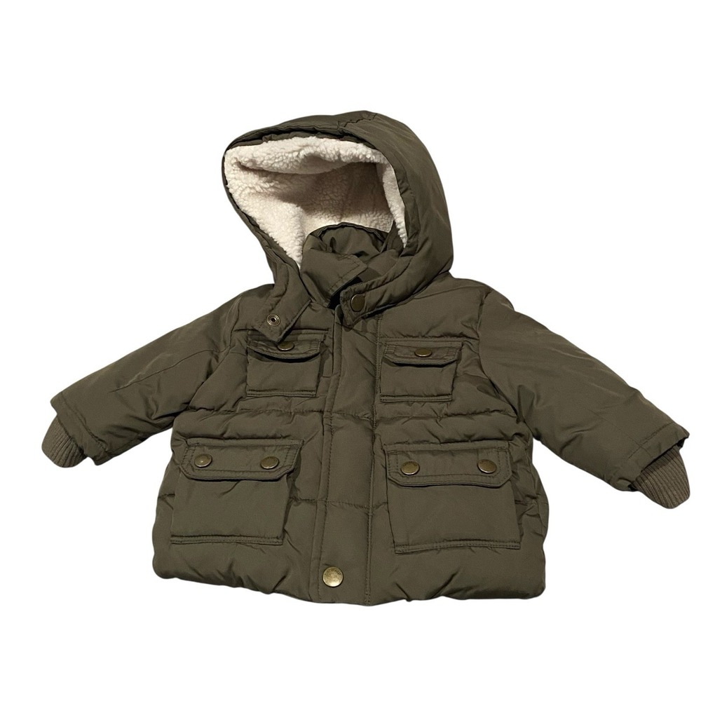 Baby Gap Green Hooded Parka‎ Jacket Sherpa Lined hood 0-6 Months